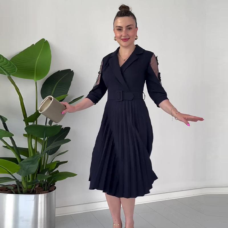 2024 Summer Women's Solid Color Mesh-Paneled Pleated Dress