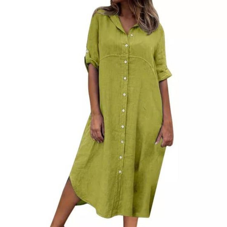 Summer Daily Commute Dress Women Midi Loose Solid Color Single-breasted Turn-down Collar Half Sleeves Buttons Dress M