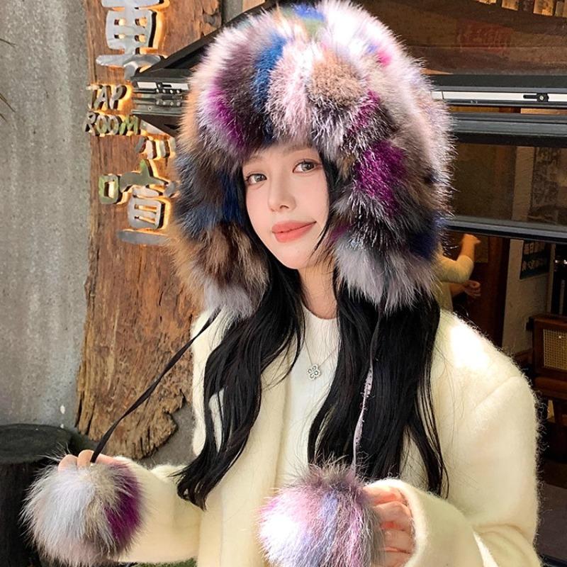 Real Fox Fur Ear Protection Hat Cute Hairball Cold Cycling Hat Warm and Fleece Knitted Wool Hat Basin Hat