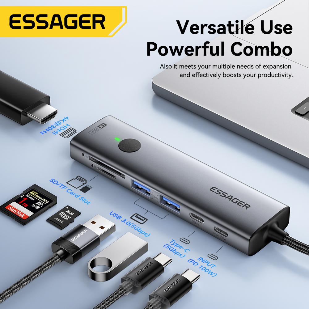 Essager USB C HUB 4K 7-in-1 Type C to HDMI PD 100W SD&TF USB 3.0 5Gbps Multiport Adapter for MacBook Laptop iPad Phone Splitter