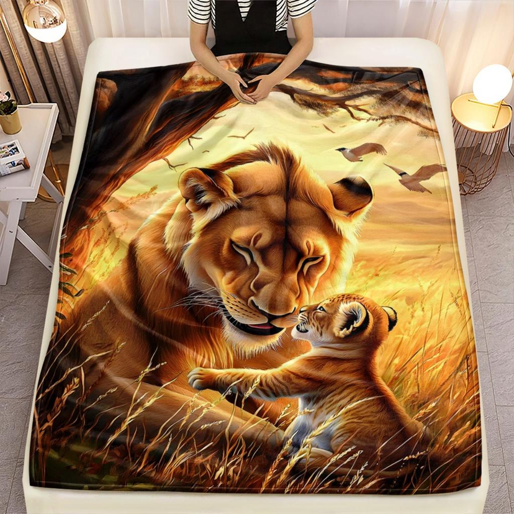 1pcLion Mother and Cub African Savanna Sunset Flannel Blanket Wild Animal Print Soft Warm Throw Blanket for Bed Living RoomDecor