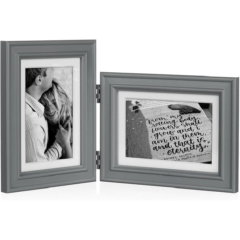 5X7 Double Wooden Hinged Picture Frame Vertical and Horizontal in Distressed Farmhouse Wood Grain, Display 4x6 with Mat or 5x7 without Mat, Folding