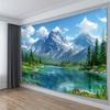 2D Peaceful Lake Mountain Backdrop, Snow-Capped Peaks & Forest Photo Background