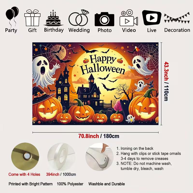 2D Spooky Halloween Backdrop with Full Moon, Ghosts and Pumpkins Party Decoration Background