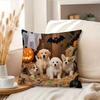A Halloween Dog-Themed Decorative Pillow Cover Featuring a Single-Sided Print with Cute Puppies, Pumpkins, And Bats. It Has a Zipper Closure, Is Machi