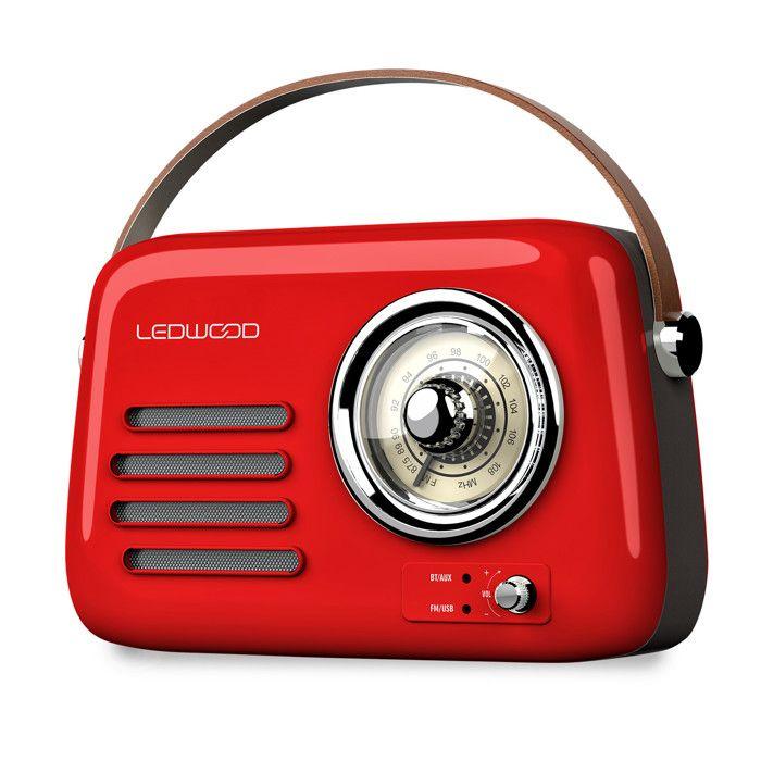 Radio Rétro portable Ledwood ALMA, FM, Bluetooth 5.3 Entrée USB, Puissance 30W - Batterie 3,7V-1500mAh - Retro Vintage - Rouge