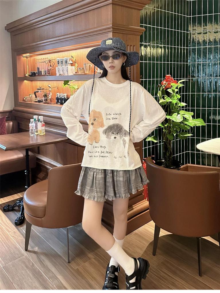 ID25 Early Autumn Puppy Print Rolled Edge Long Sleeve Loose Pullover