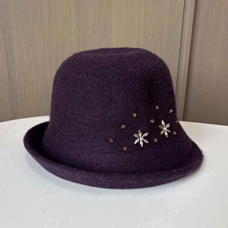Retro Small Fragrant Style Fashion Wool Bucket Hat Women Autumn And Winter Warm Foldable Basin Hat Rhinestone Elegant Top Hat