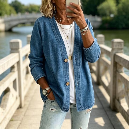 Giacca da Donna jijijing con Bottoni Frontali in Finto Denim, Cappotto Casual a Manica Lunga con Scollo a V, Cardigan Vintage Lento in Imitazione Jeans
