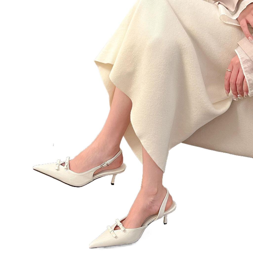 Spring, Silver Pointed Head Bow High Heels Women'S Bag Head Light Mouth Empty Word With Sandals Women