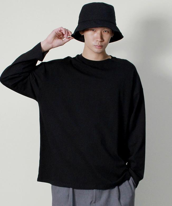 Deumakeu Crew Neck Boxy Fit Long Sleeve T-Shirt Solid Black Ver3