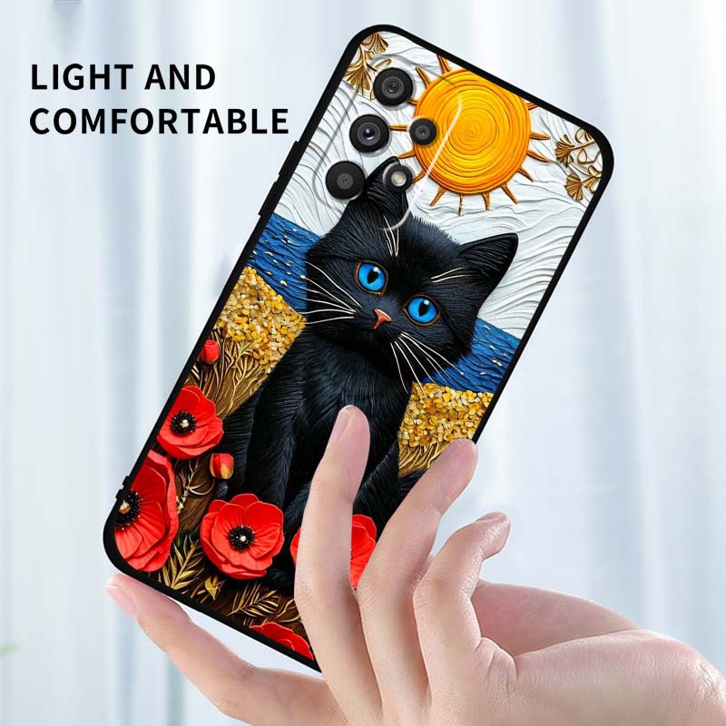 Cartoon Cat Cute For Samsung A73 A72 A71 A55 A54 A53 A52 A51 A13 A22 A16 A15 A12 A14 A26 A07 5G Black Phone Case