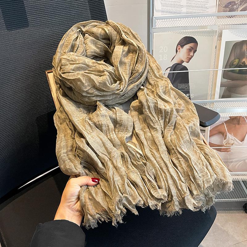 Japanese pleated solid color spring and autumn cotton and linen scarf silk scarf women's literary summer shawl Korean version scarf yarn versatile