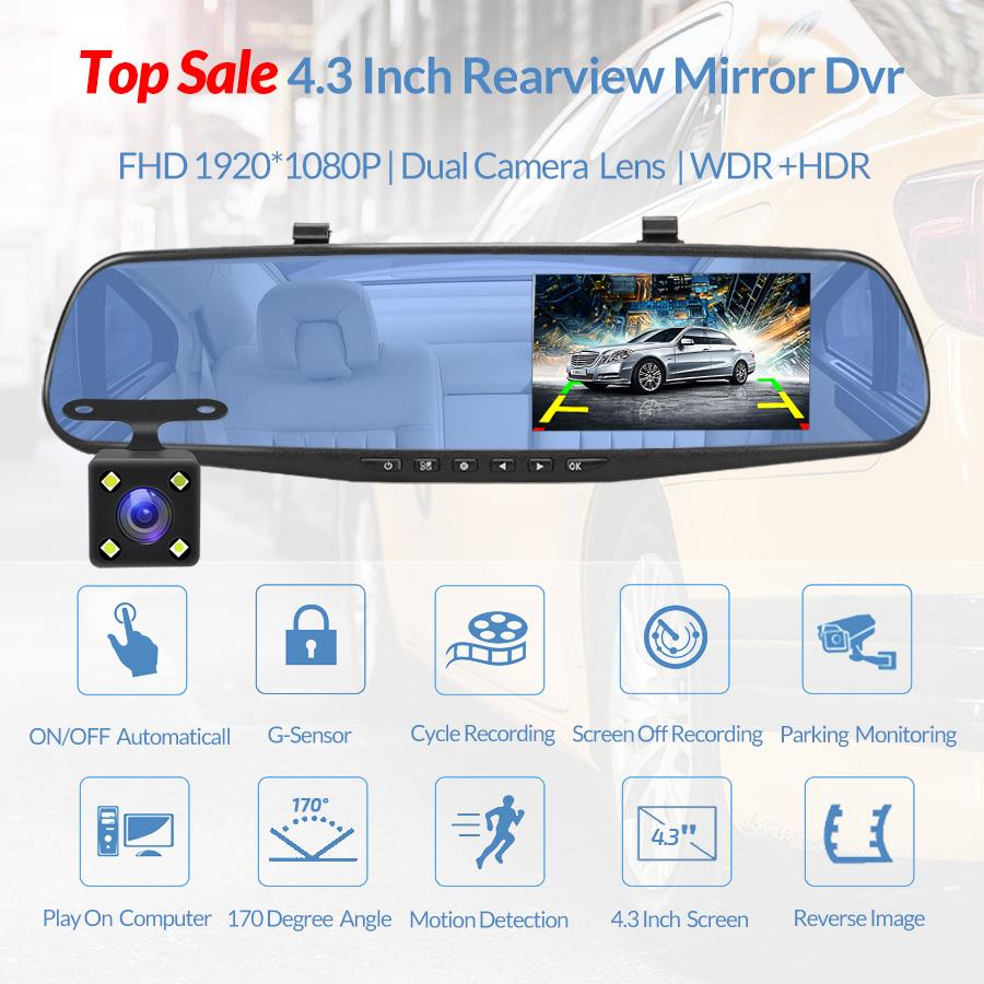 Dash Camera Car Dvr Mirror FHD 1080P 4.3 Inch Dual Len With Rear View Camera Auto Video Recorder