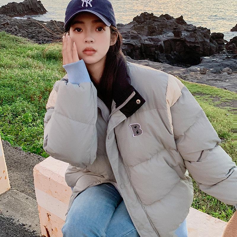 

Real shot color matching down cotton clothes women s winter new stand-up collar student cotton clothes bread clothes small jacket XL серый