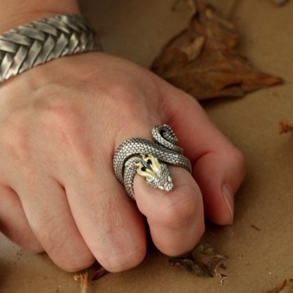 Rock Black Handmade Personality Hip Hop Jewelry Retro Zinc Zinc Alloy Ring Man Opening Ring Silver Snake Ring