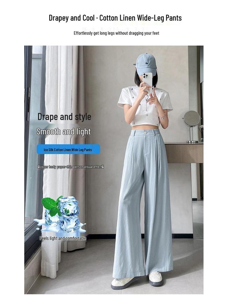 2026 Women's Ice Silk High Waist Wide-Leg Pants: Slimming, Drape, Casual, Loose, Milk Puff Style for Summer
