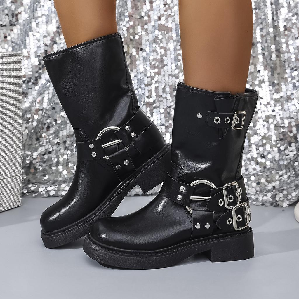 Women'S Leather Boots Autumn And Winter Thick Heel Belt Buckle Western Cowboy Medium Boots Comfortable Large Size Single Boots