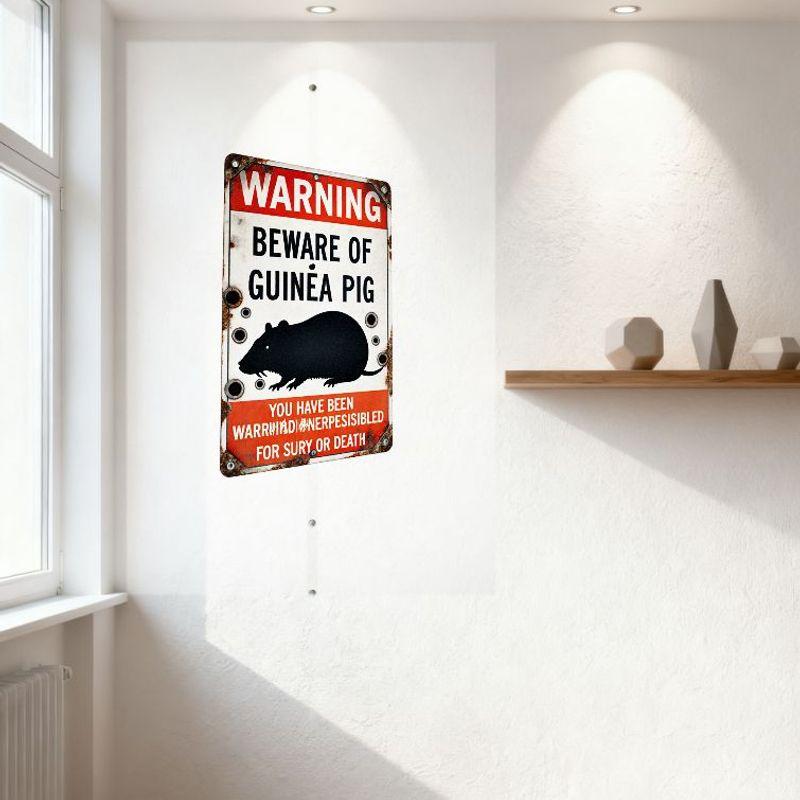Vintage Weathered Guinea Pig Warning Metal Tin Sign Rustic Rodent Warning Wall Plaque for Home Bar Man Cave Decor with Typo Deta