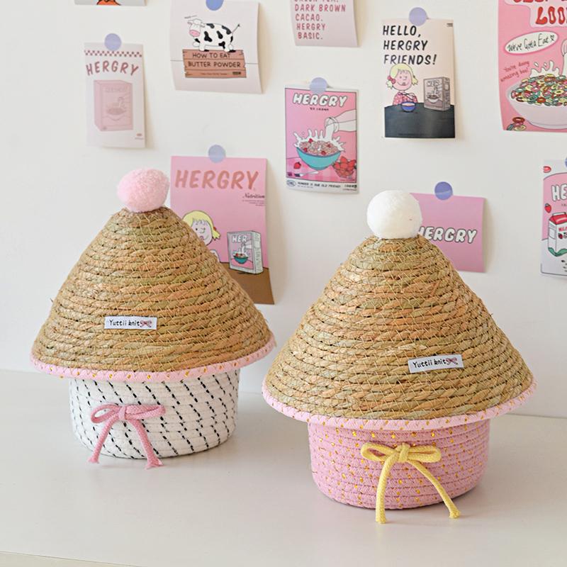 1Pc With Lid Practical Grass Weaving Delicate Desktop Storage Fashion Bow Storage Box Cotton Thread
