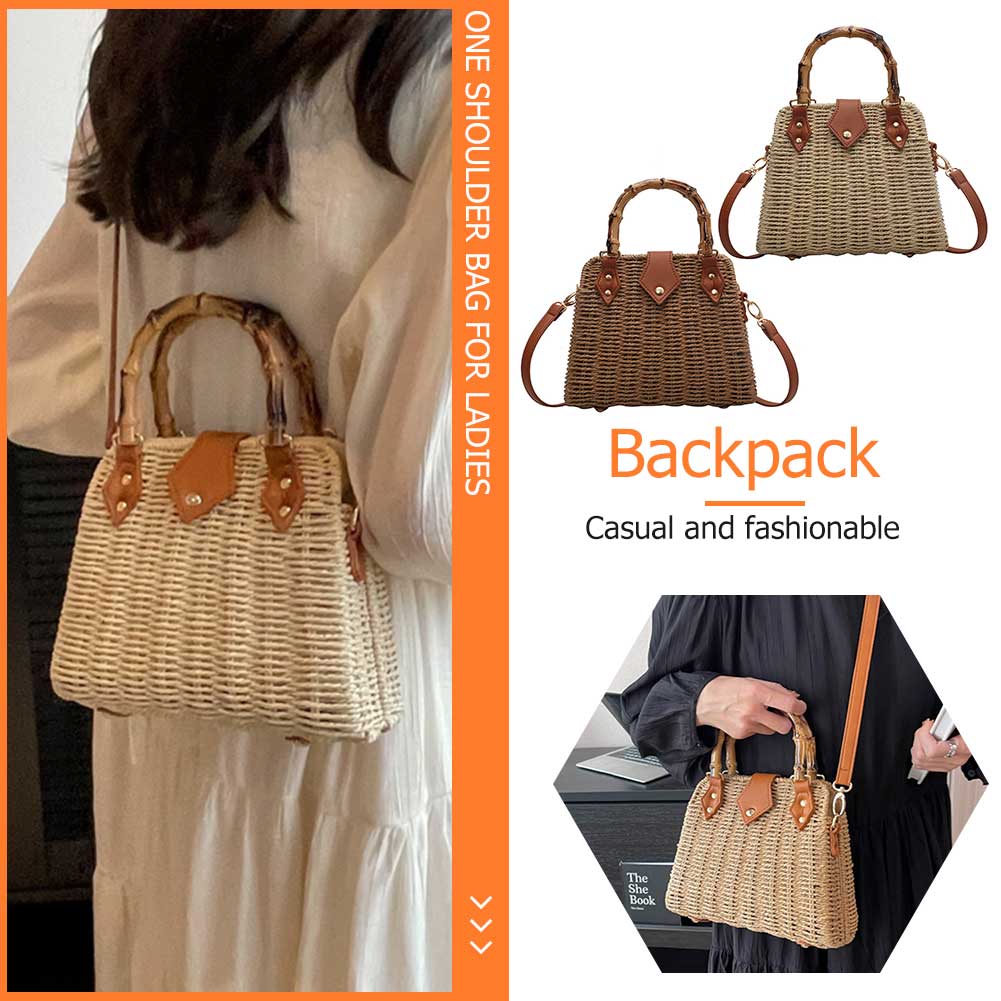 Summer Woven Beach Crossbody Bag Bamboo Handle Beach Vacation Bags Handmade Casual Portable Adjustable Strap for Seaside Holiday