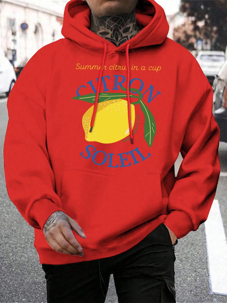 Citron Soleil Zitronenfrucht Druck Herren Hoodies Hip Hop Locker Unisex Streetwear Lässiger Kapuzenpullover mit Tasche Herbst Fleece Herren Pullover