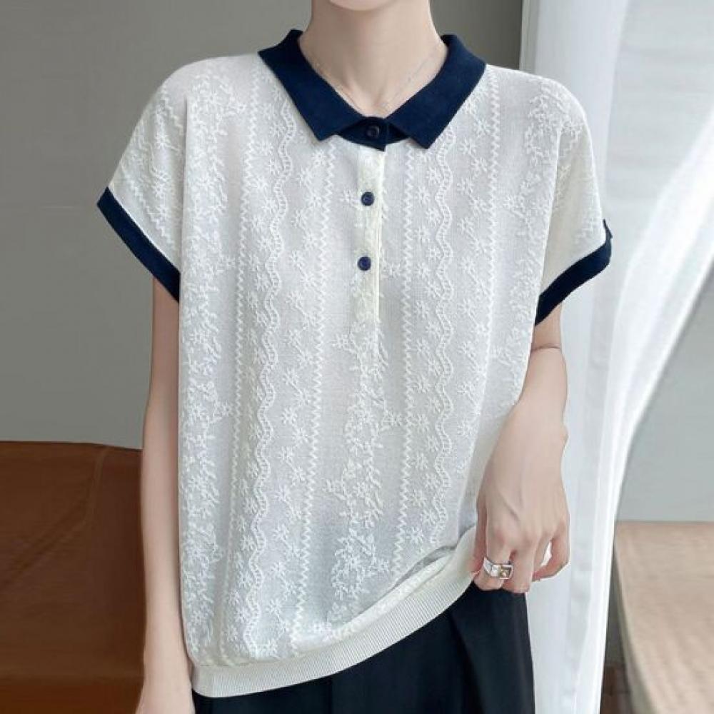 Navava Women Embroidery Point Color Collar Cap Sleeve Knit Tee Nk3612