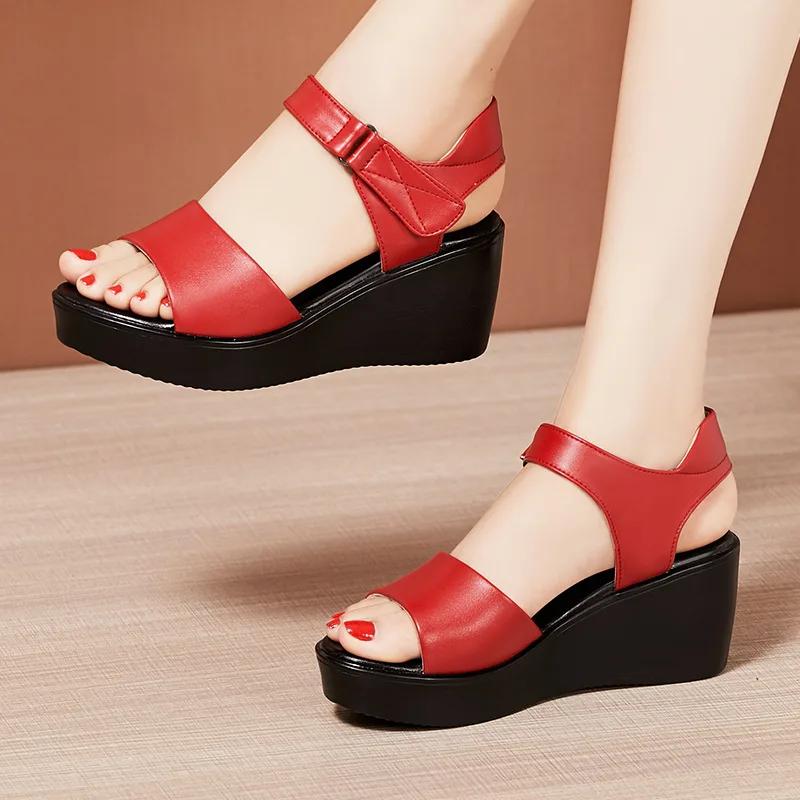 Small Size 32-43 Summer Platform Wedges Sandals Women 2025 Casual Soft Leather Shoes High Heels Sandals for Office Mom Beach