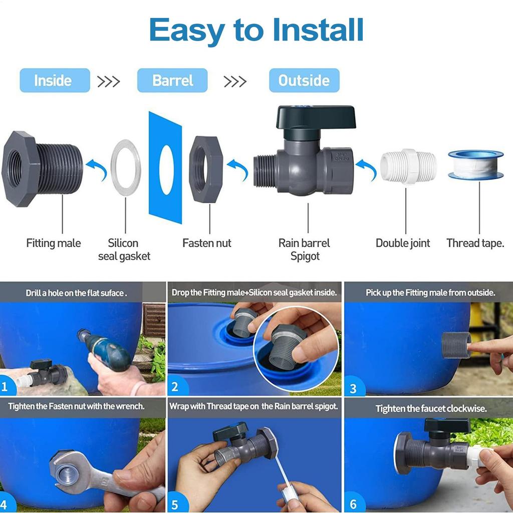 PVC Rain Barrel Diverter Kit, 3/4 Inch Rain Barrel Valve, Rain Barrel Spigot Kit with Bulkhead Fitting Leak-Proof Adapter 3/4