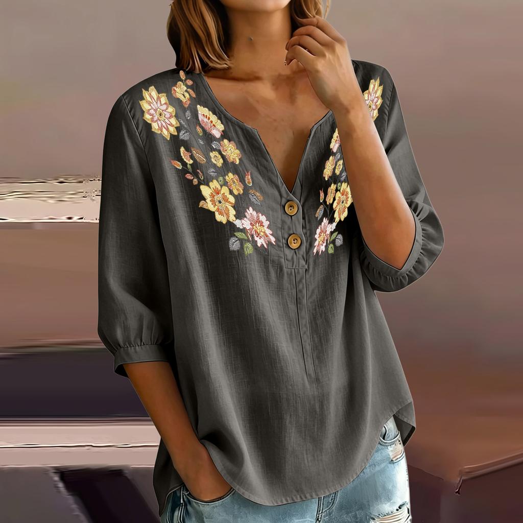 Women Floral Pattern Henley Neck Button Front Three Quarter Sleeve Linen Cotton Blend Shirt Casual Loose Fit Blouse