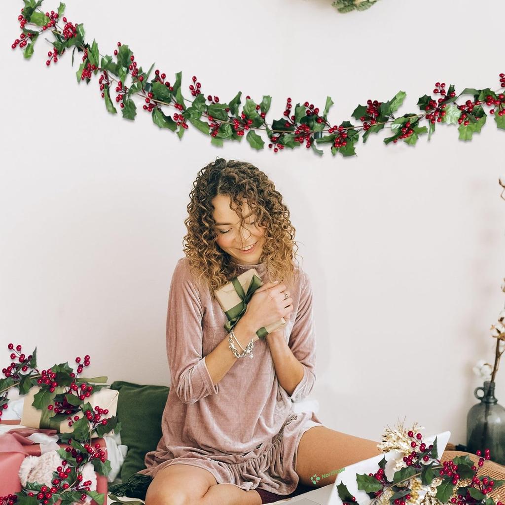 2 Pack Christmas Garland Decorations Clearence, 11Ft Holly Leaves with Red Berry Garland for Christmas Tree Staircase Mantle Indoor Outdoor Holiday