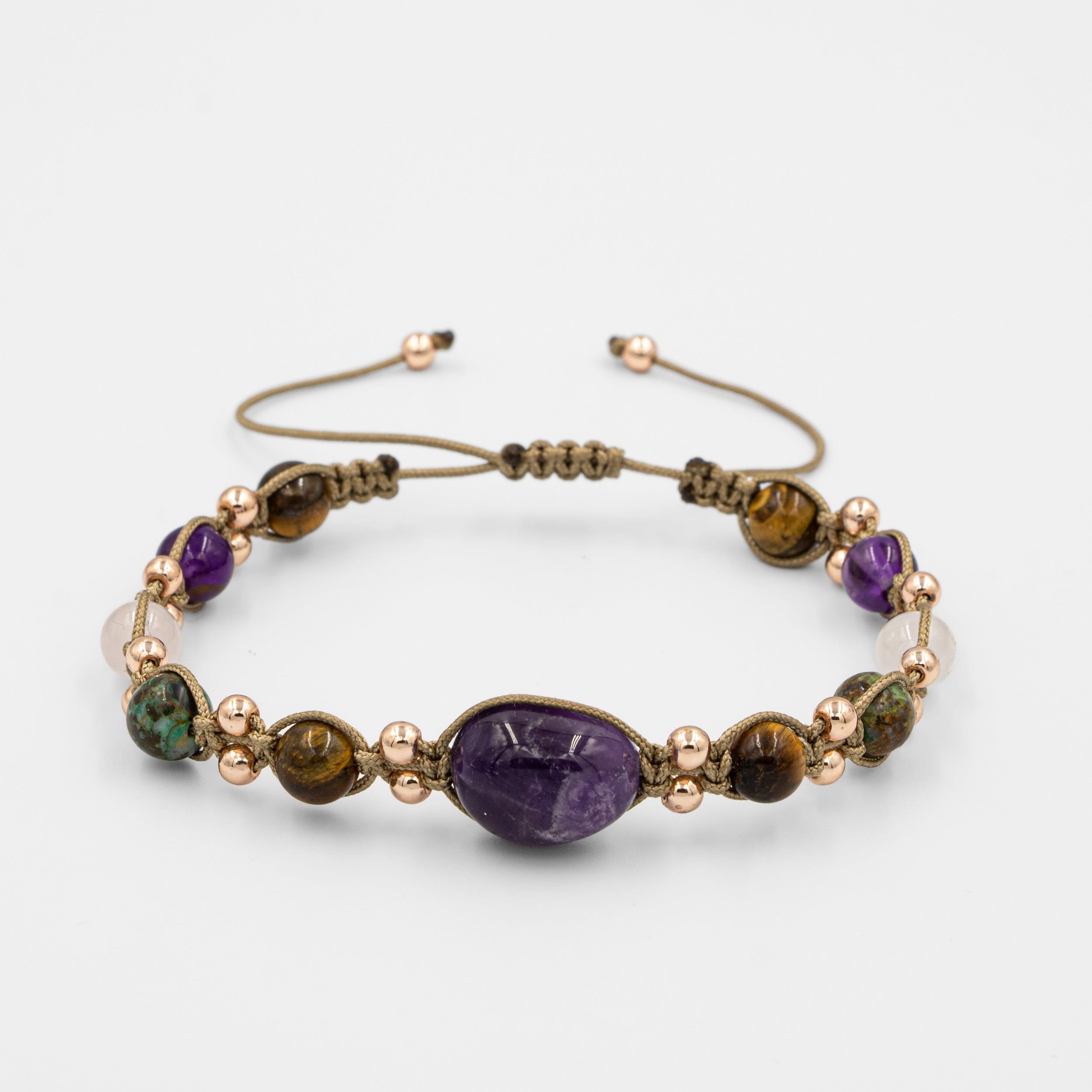 

Браслет из натурального камня аметист-тигровый глаз-розовый кварц-хризоколла 16-17 CM