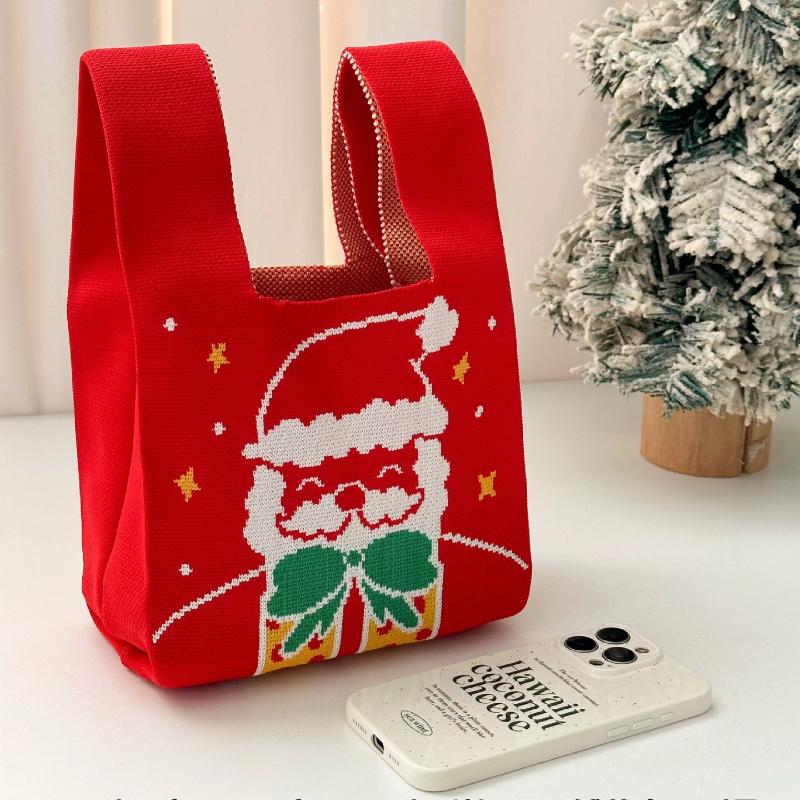 Christmas Holiday Themed Spandex Tote Bag -Large Capacity Knitted Gift Bags with Santa and Tree Patterns for Festive Gift Giving