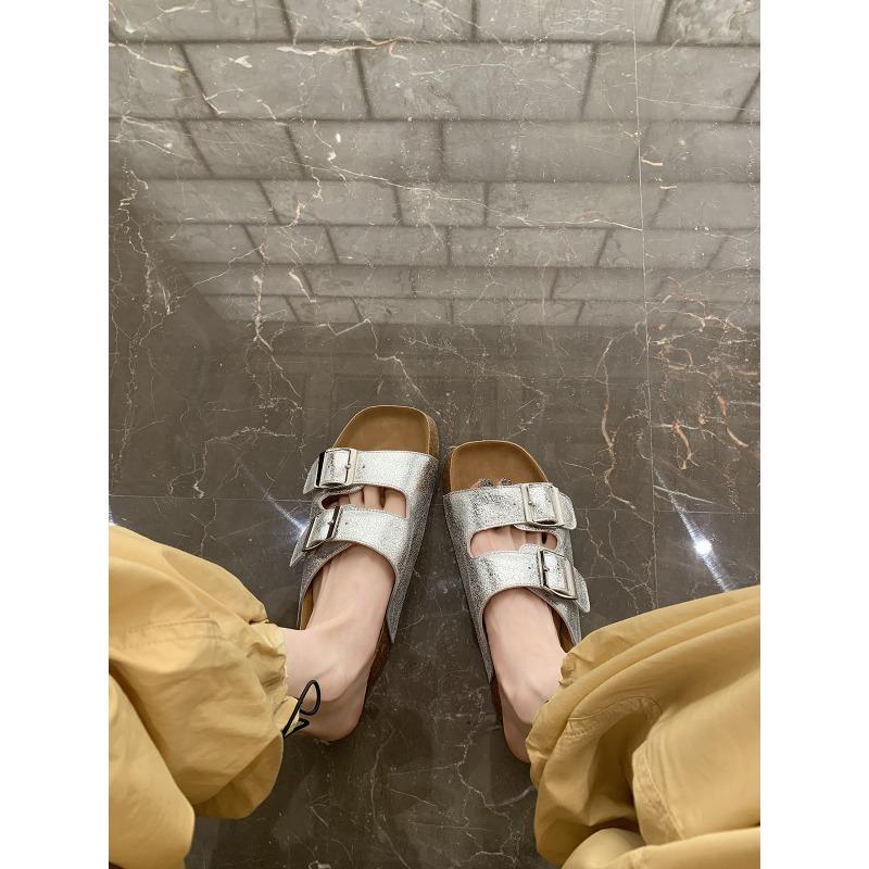 Da Mimi Bokenxia one-word soft leather burst pattern thick bottom cool slippers wear beach girl