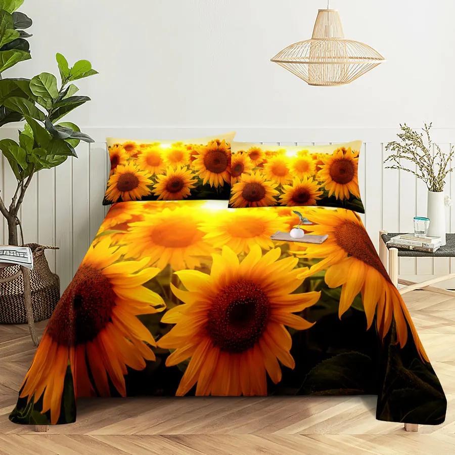 Sunflower Bed Sheets and Pillowcases for Single Double Beds Bedsheets Set with Pillow Case 2pcs 3pcs Queen Full Size 3D Soft