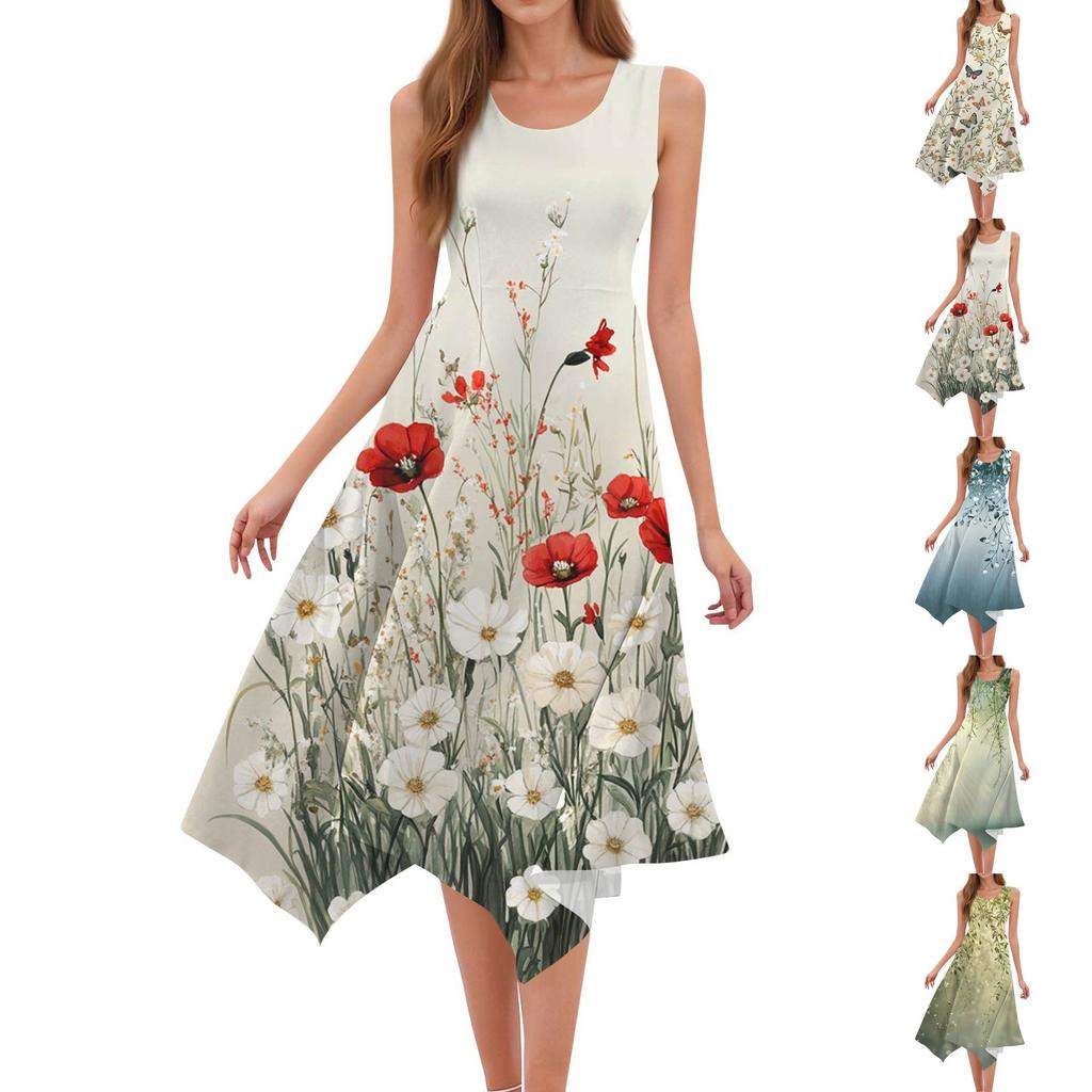 Women's Casual Fashion Round Neck Sleeveless Floral Print Irregular Hem Midi Dress