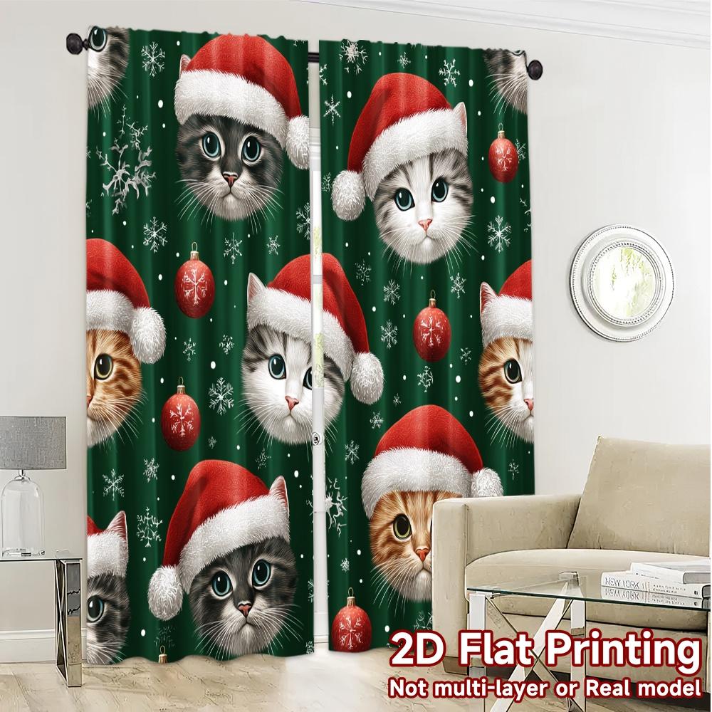 Set Of 2 Flat Printing Jit Curtains Without Rod Festive Feline Quartet Print Popular Durable Polyester Fabric Curtain Made