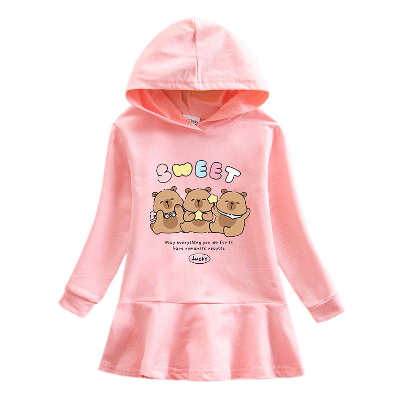 Spring & Autumn Ruffle Cartoon Rainbow Girls' Long Sleeve Hooded Sweatshirt Dress
