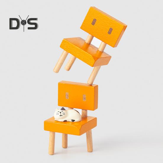 Stuhl Katze Anime Figur Kawaii Schwarz Weiß Katzenstatue Holz 3-Beine Stuhl Statue Miniatur Desktop Ornament