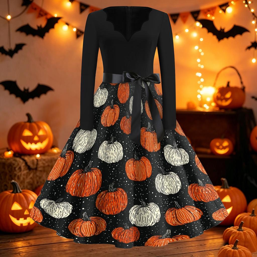 Women's Casual Vintage Halloween Dress V Neck Long Sleeve Retro Style Fit and Flare Knee Length Dress with Ghost Print and Waist Tie