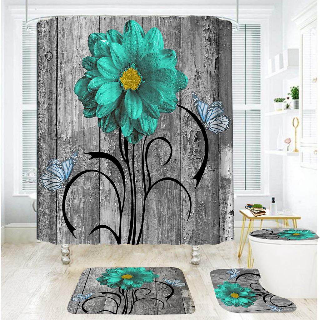 Badezimmer Duschvorhang Vierteilig Digitaldruck Holzmaserung Chrysanthemenpflanze Wasserdichter Duschvorhang Duschvorhang Trennvorhang