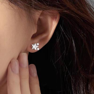 S999 Sterling Silver Shiny Star Stud Earrings for Women - Small, Elegant, Exquisite Ins Style Jewelry