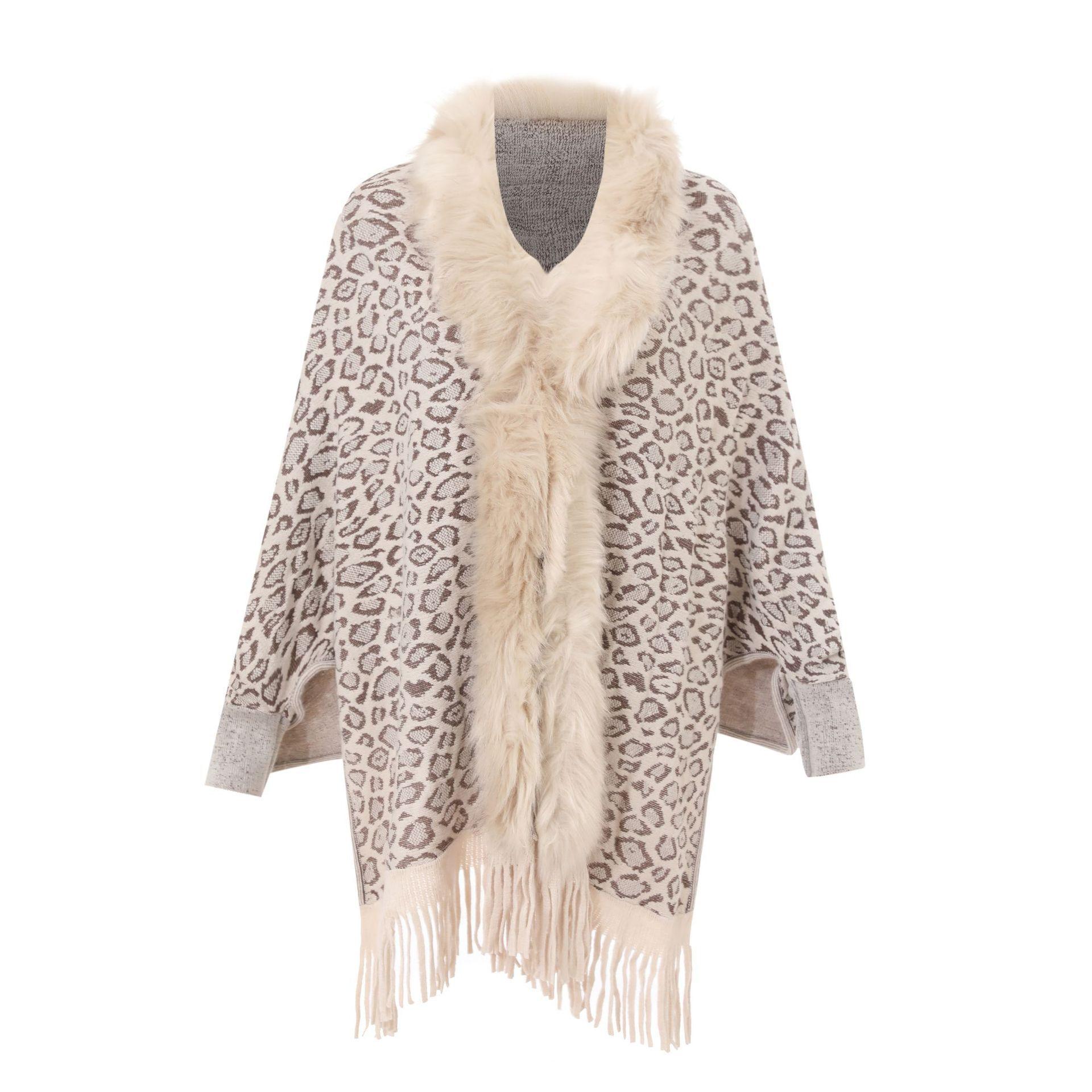 

Женские вязаные накидки и пончо Осенняя одежда Зимнее теплое пальто Куртка Корейская мода Женские базовые топы с леопардовым принтом One Size бежевый