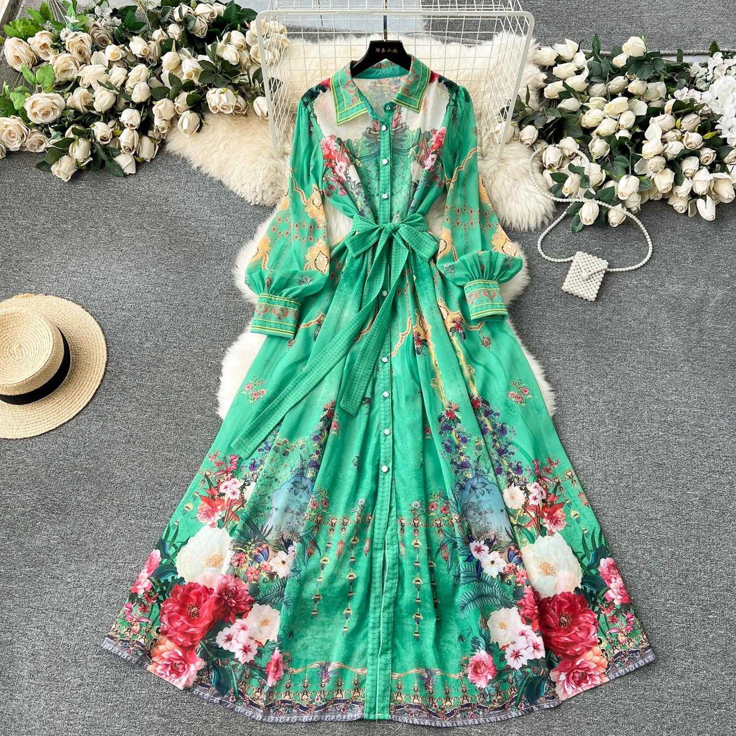 

Летние каникулы, великолепные шифоновые платья с цветочным принтом, женские длинные женские платья с отложным воротником и рукавами-фонариками, цветочный принт XXL зелёный