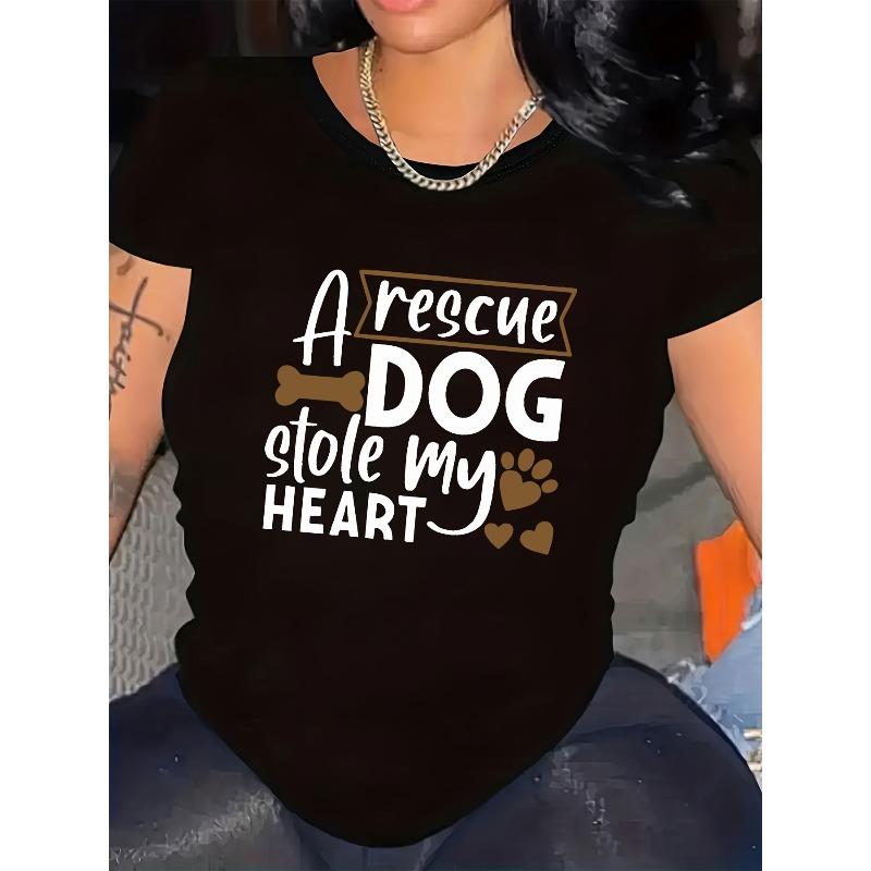 Women's Rescue Dog Heart Graphic Tee Casual Short Sleeve Crew Neck Summer Top