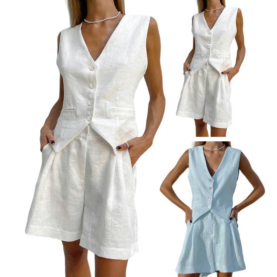 2Pcs/Set Women Vest Shorts Suit Summer V Neck Casual with Pocket Sleeveless Solid Color Ladies Waistcoat Top Shorts Kit Office Wear