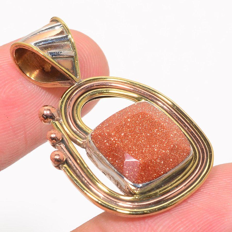 Natural Sunstone Gemstone Two Tone 925 Solid Sterling Silver Pendant 1.50'' t2r72