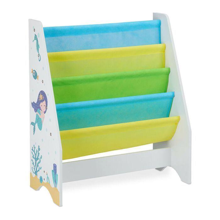 GINGER HOME – Bibliothèque enfant à livres 4 compartiments, poches tissu, MDF/métal, motif Sirène, 61×29×74 cm