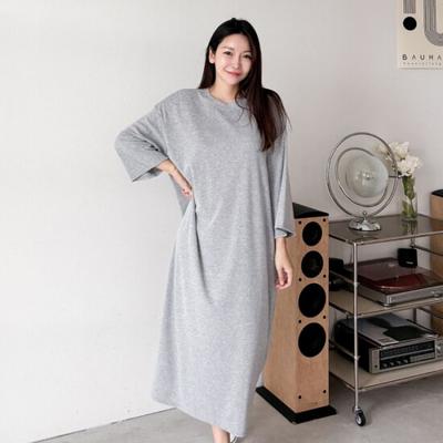 Shop   Women Solid Round Neck Long Dress Melange Gray Ara Wdr 3852