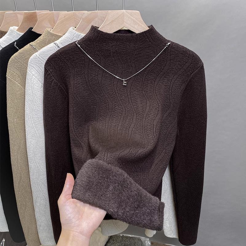 Autumn and winter fleece thickened sweater schoolgirl integrated fleece with semi-turtleneck knitted wool cashmere bottoming shirt top